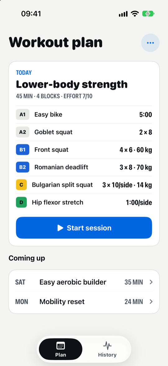 Noostaa plan screen with today’s lower-body strength session